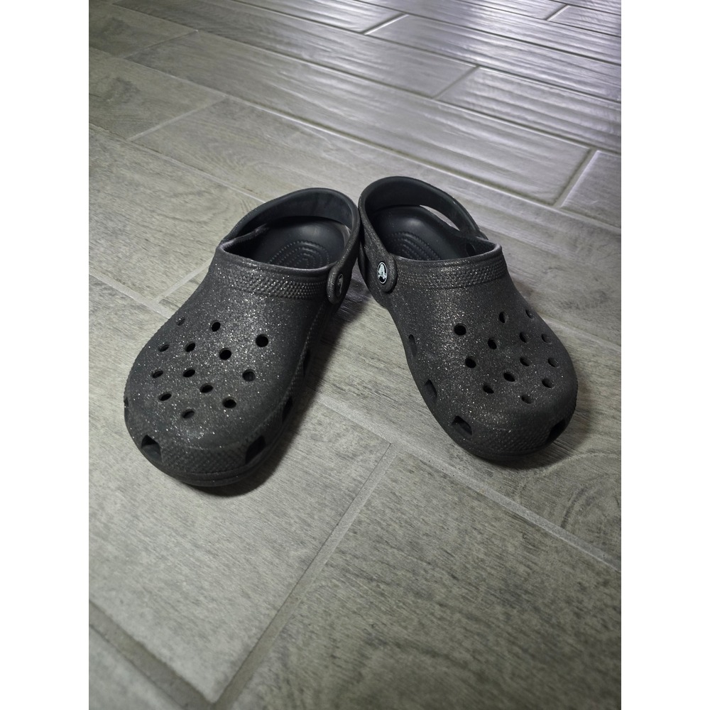Crocs Classic Glitter Clog Black Silver Sparkle Kids Shoes Size J2